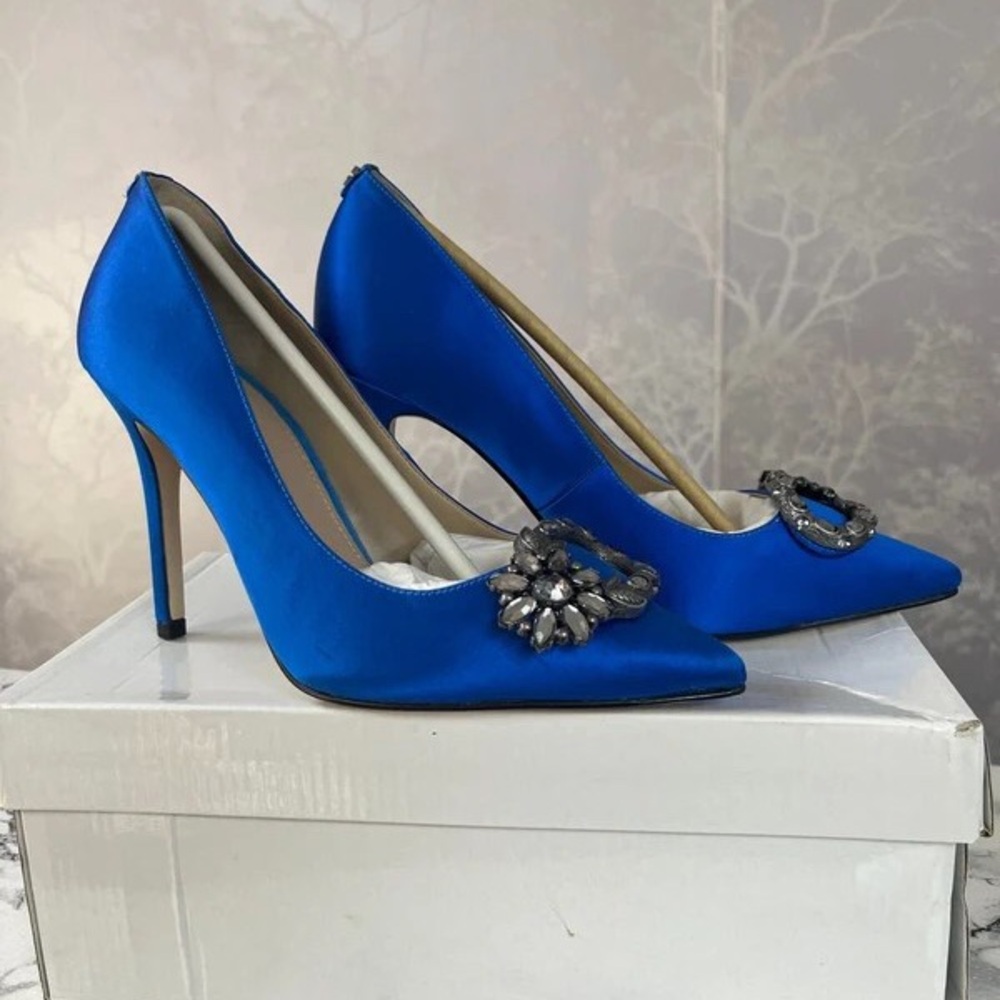 Royal Blue Satin Pointed-Toe Heels with Crystal Brooch